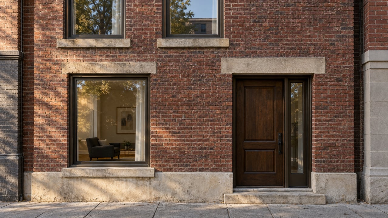 Old red-brick residential facade with limestone trim, a dark entry, and a living room visible through a window.