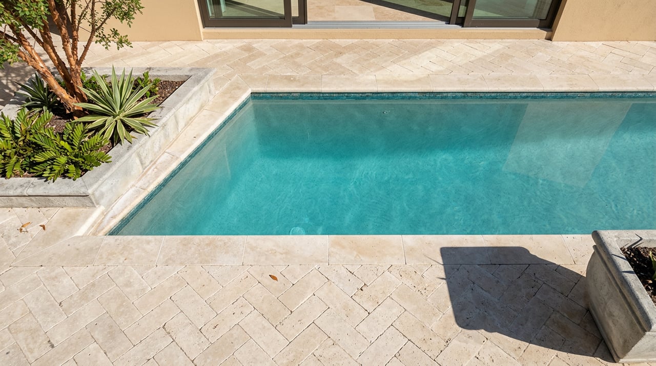 Overhead view of a turquoise tiled infinity pool beside herringbone travertine, with a bronze-framed door and stone planters.