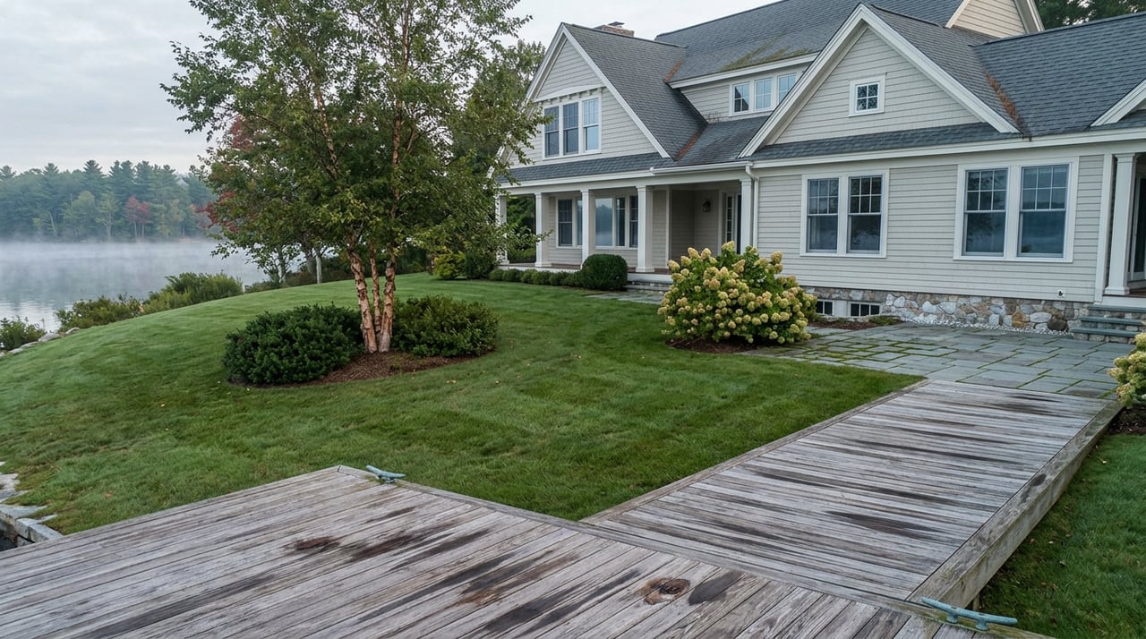 Waterfront estate with pale siding and white trim beyond a sloping lawn, river birch, hydrangeas, and weathered dock.