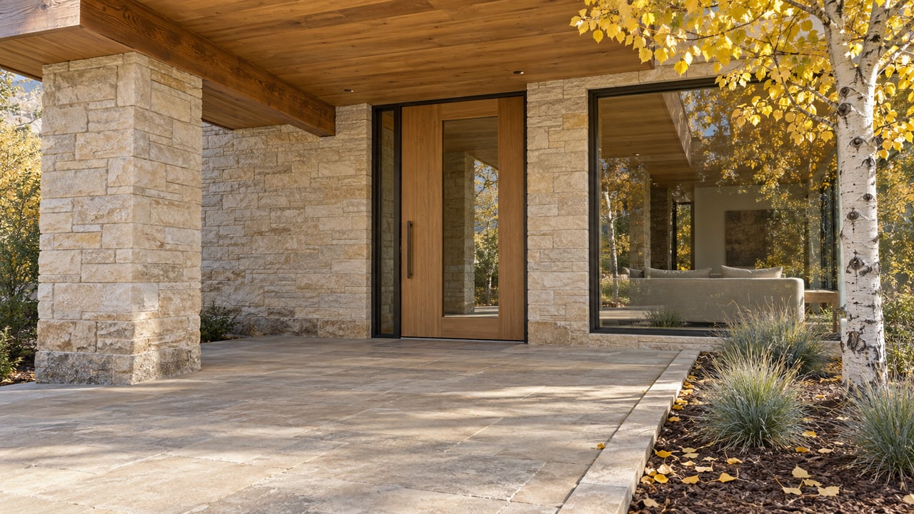Sheltered stone-and-timber home entrance with bronze-framed glazing, sandstone paving, and a yellow-leaved aspen beside the terrace.