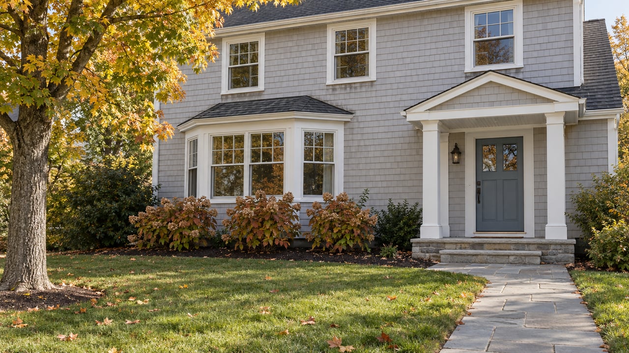 A pale gray shingled home with white window trim, a sheltered blue-gray entry, a deep lawn and autumn maple foliage.