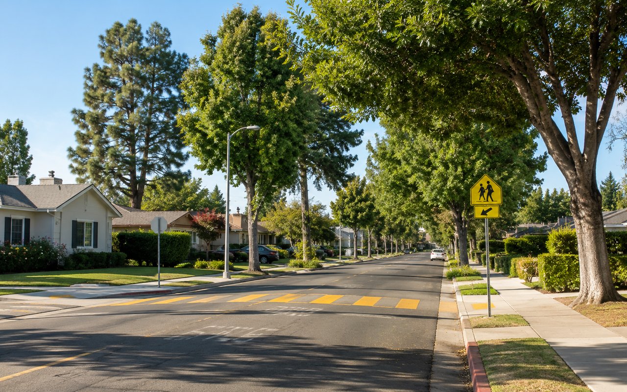 Quiet tree-lined residential street in Van Nuys near a neighborhood elementary school on a sunny afternoon
