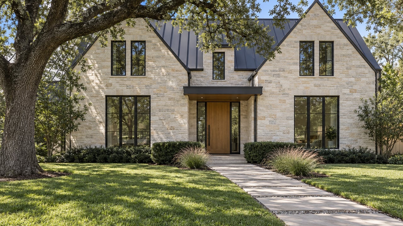 Two-story cream limestone house with charcoal gables, oak entry door, and limestone path beneath mature live-oak branches.
