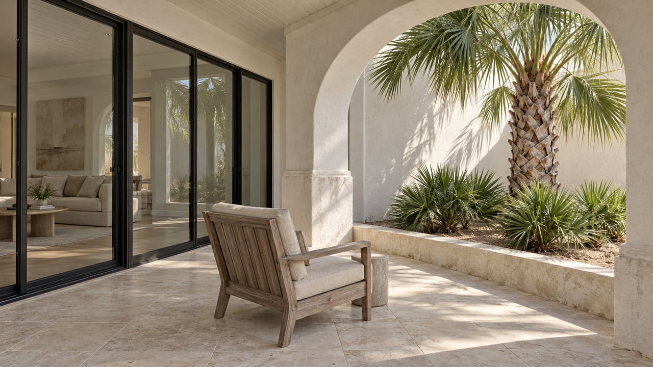 Ivory stucco terrace with limestone paving, a weathered teak chair and black-framed living-room doors beside a palm courtyard.