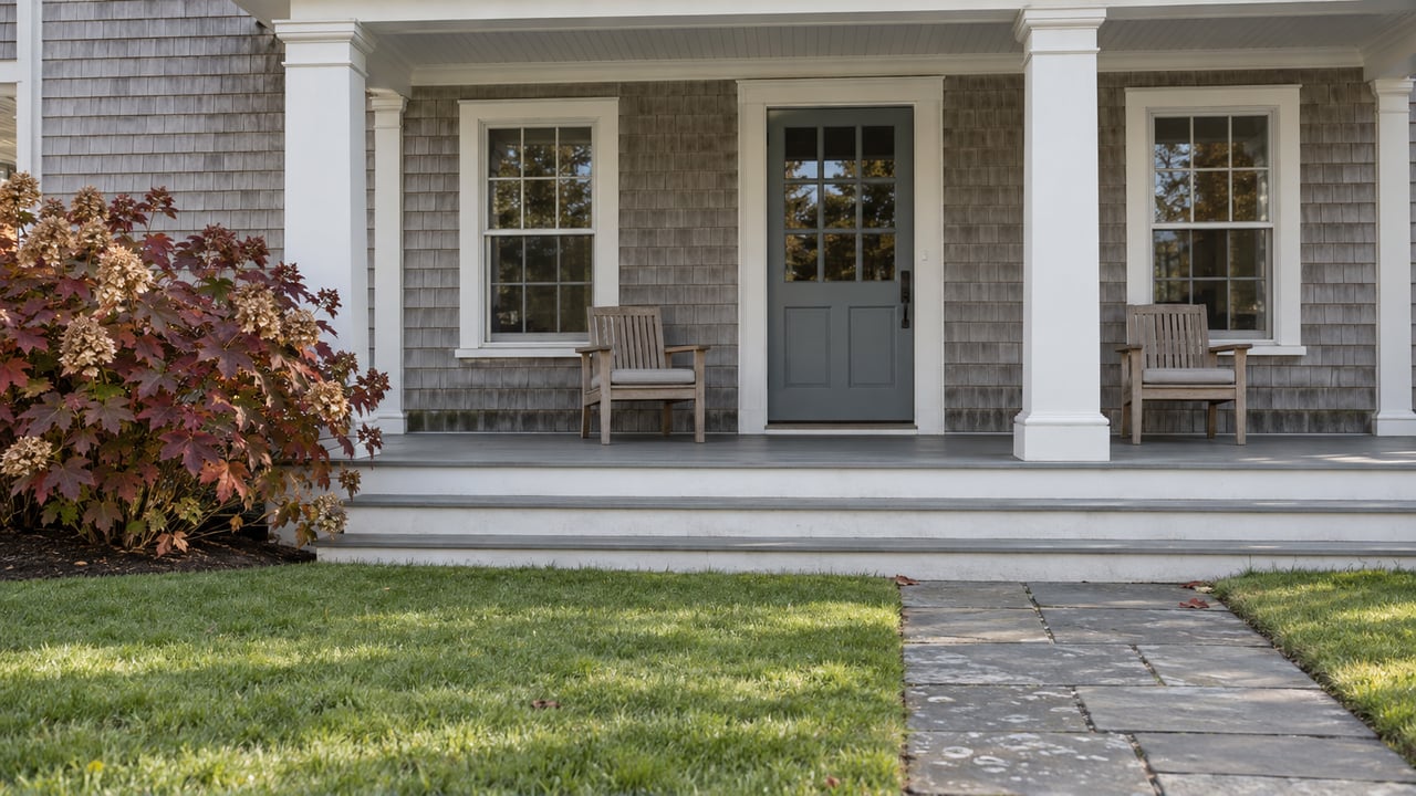 Gray cedar-shingle home with a sheltered porch, white columns, bluestone walk and burgundy oakleaf hydrangea.