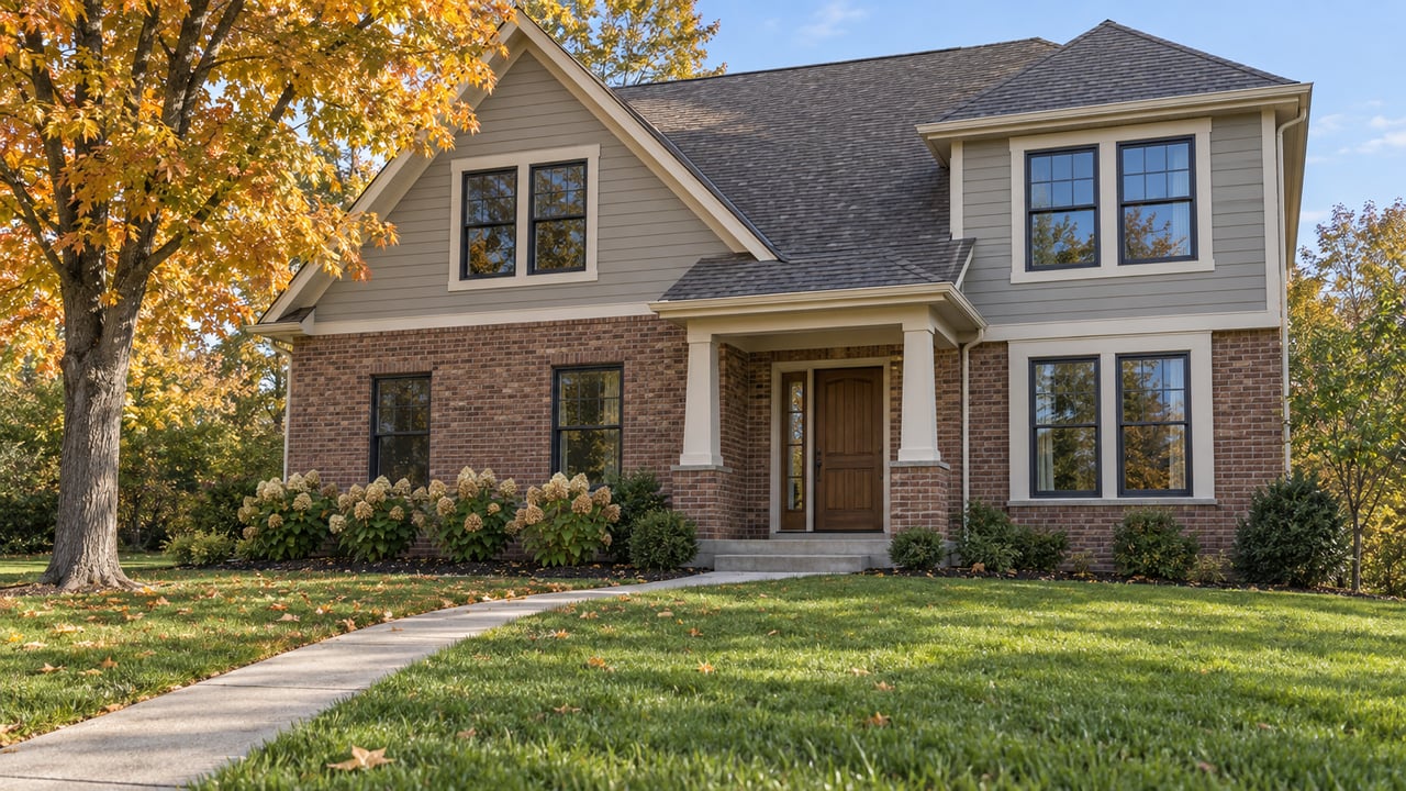 Autumn sunlight on a two-story brick and gray-sided home beyond a deep lawn, with an amber sugar maple and a curved concrete entry walk.