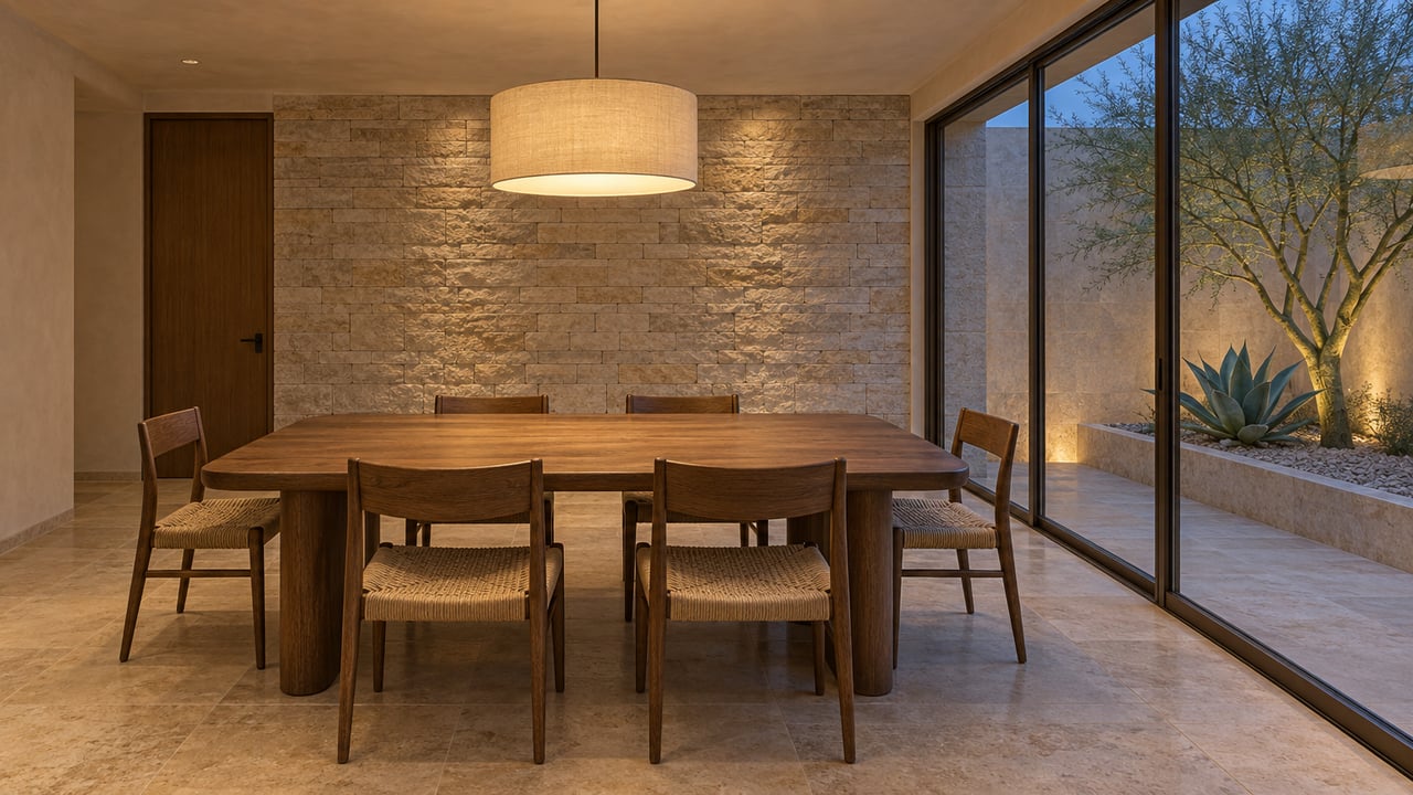 Warmly lit villa dining room with an oak table, woven chairs, limestone walls and a glazed desert courtyard at blue hour.