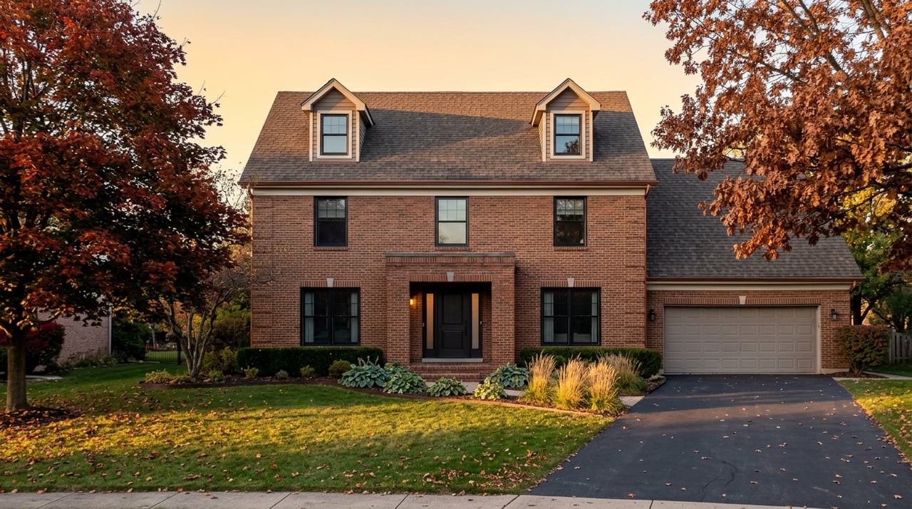 Two-story red-brown brick house with a centered portico, attached garage, broad lawn, and autumn trees.
