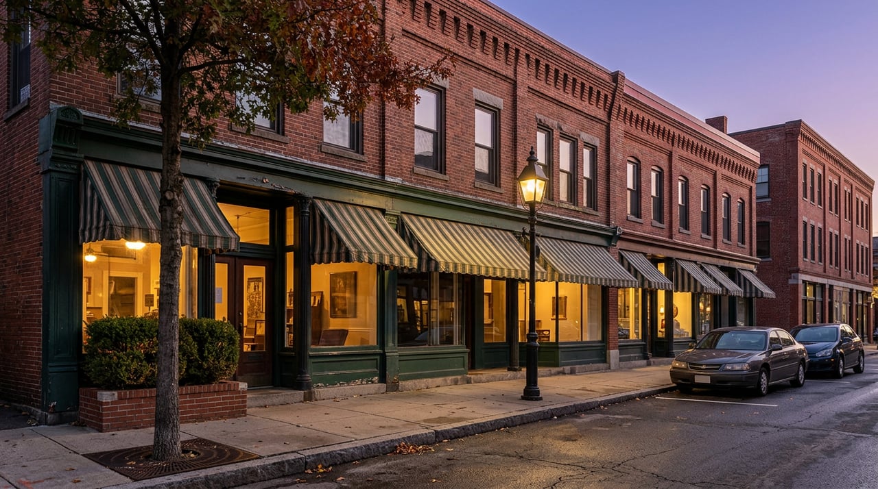 Brick storefronts with green trim and striped awnings glow beneath a lamppost at dusk.