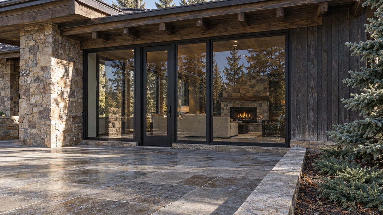 Late-autumn sunlight on a stone and dark-timber home, with black-framed glazing opening onto a stone terrace beside blue-green spruce.