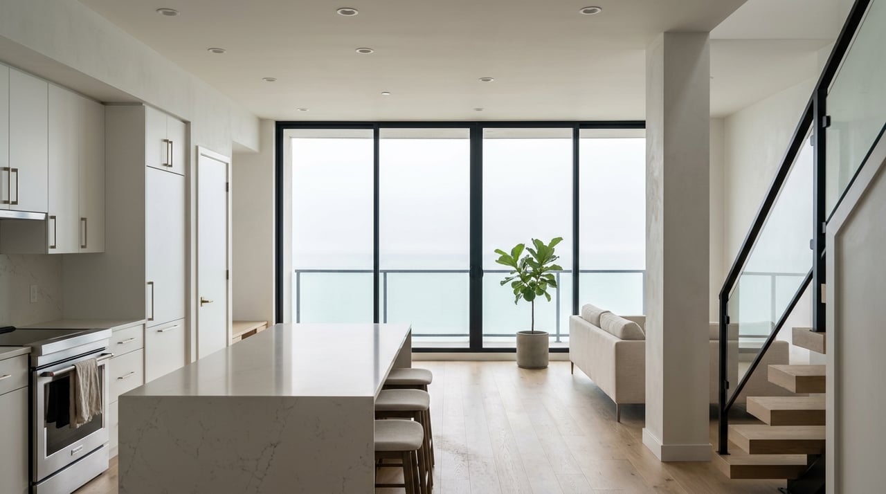 Condo great room with a quartz island, pale sofa, oak floors, and a broad glass wall overlooking hazy water.