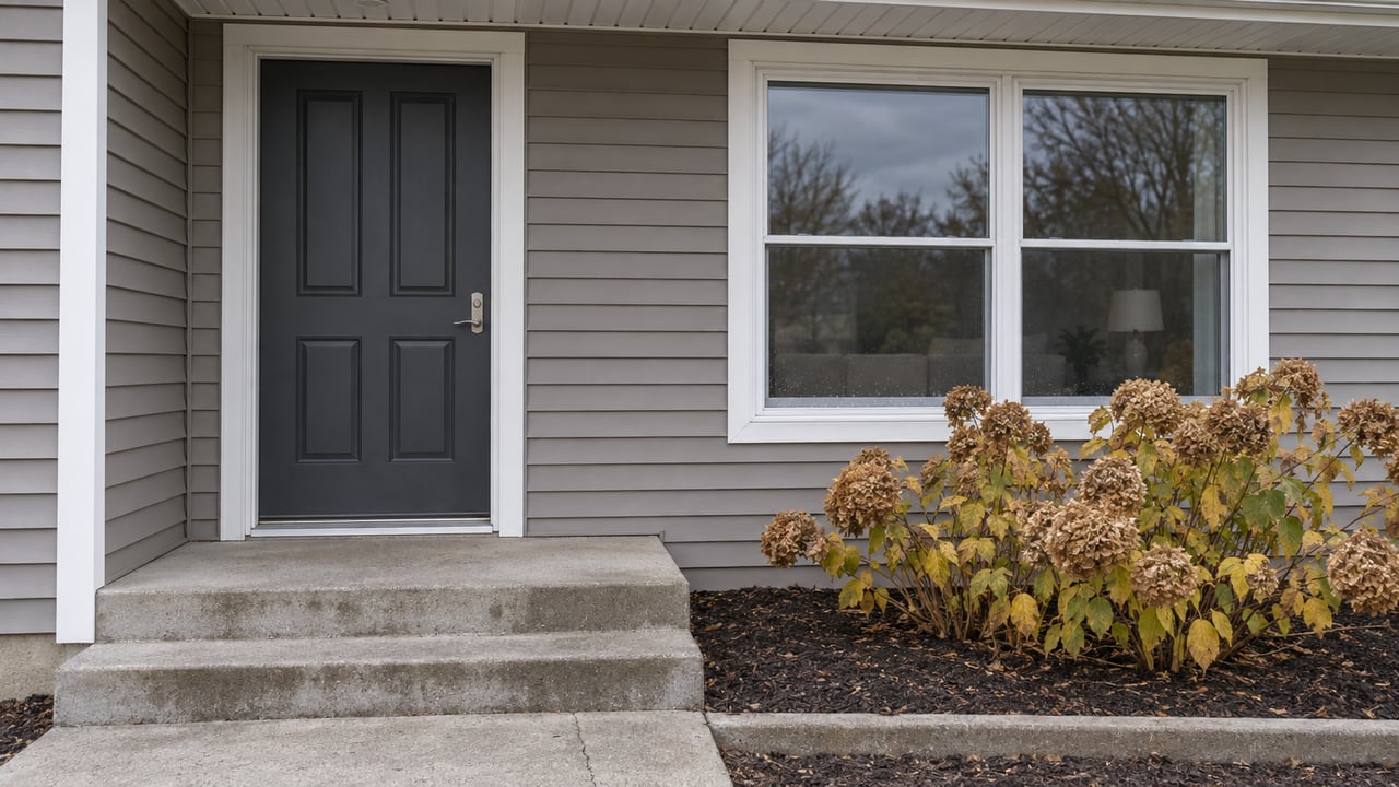 Close view of a gray-sided home's charcoal front door, white-trimmed window, weathered concrete steps and dried hydrangea flowers.