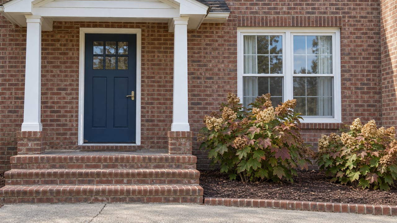 Brick house entry with a blue glazed door, white porch posts, worn brick steps and oakleaf hydrangeas in autumn color.