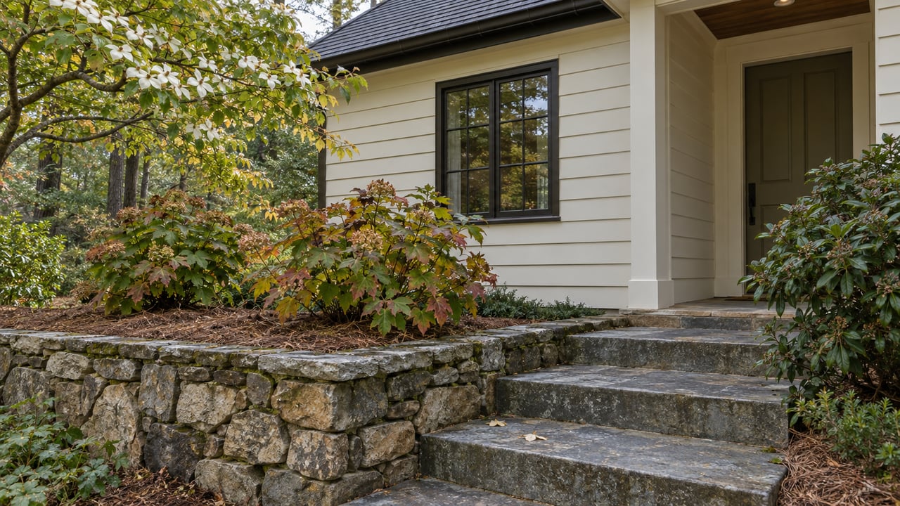 Warm-white house siding beside worn bluestone steps and a fieldstone retaining wall, framed by leafy shrubs.