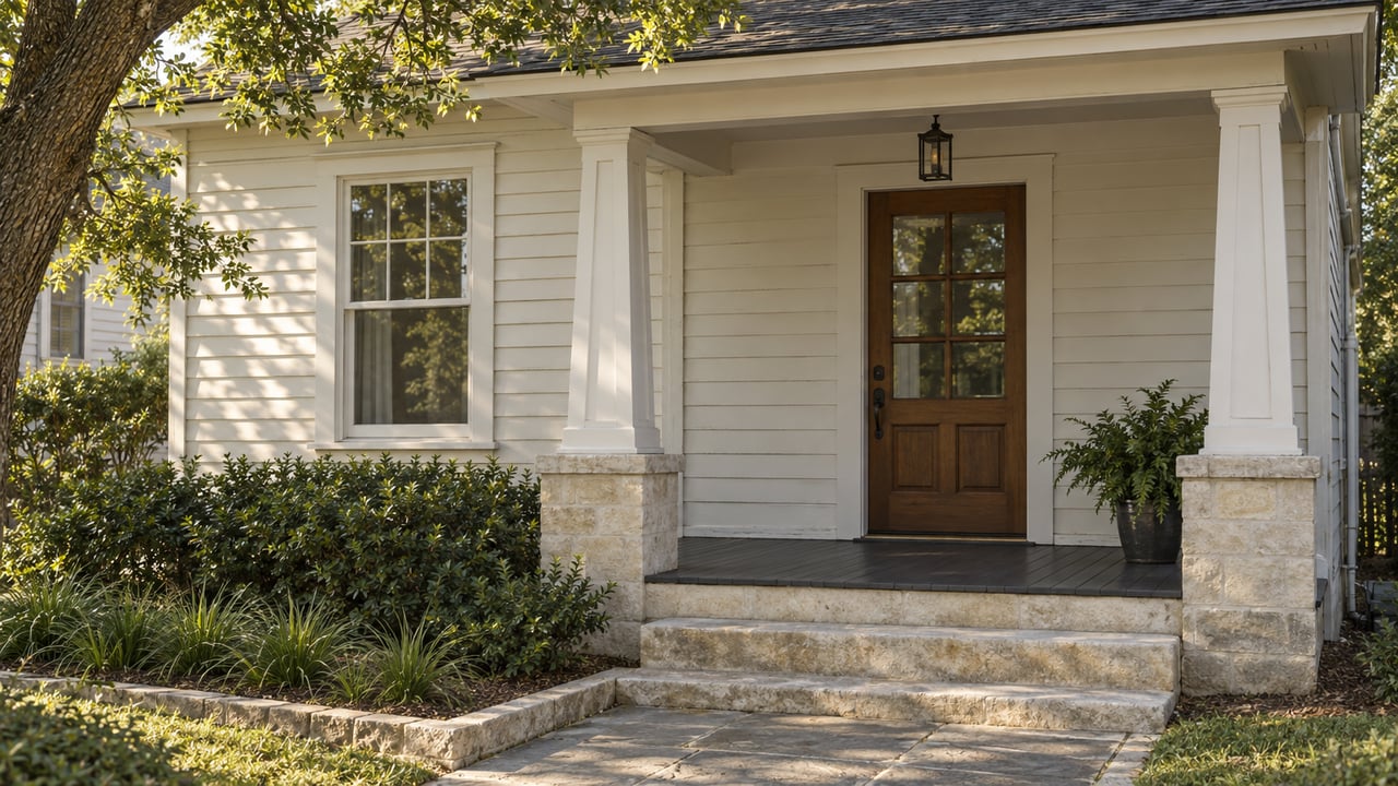 Older house with a shallow porch, tapered columns, six-light door, limestone steps, and oak canopy.