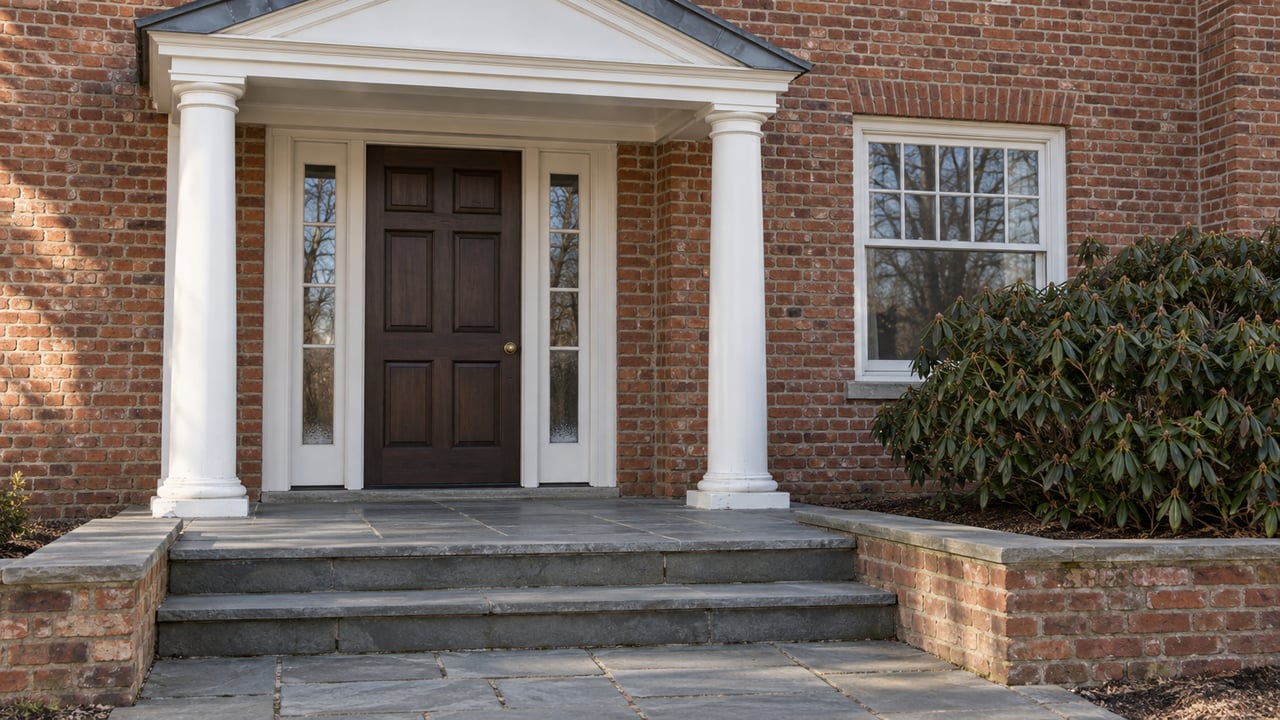 Winter light falls across a brick home's oak front door, white porch columns and worn slate steps beside a mature rhododendron.