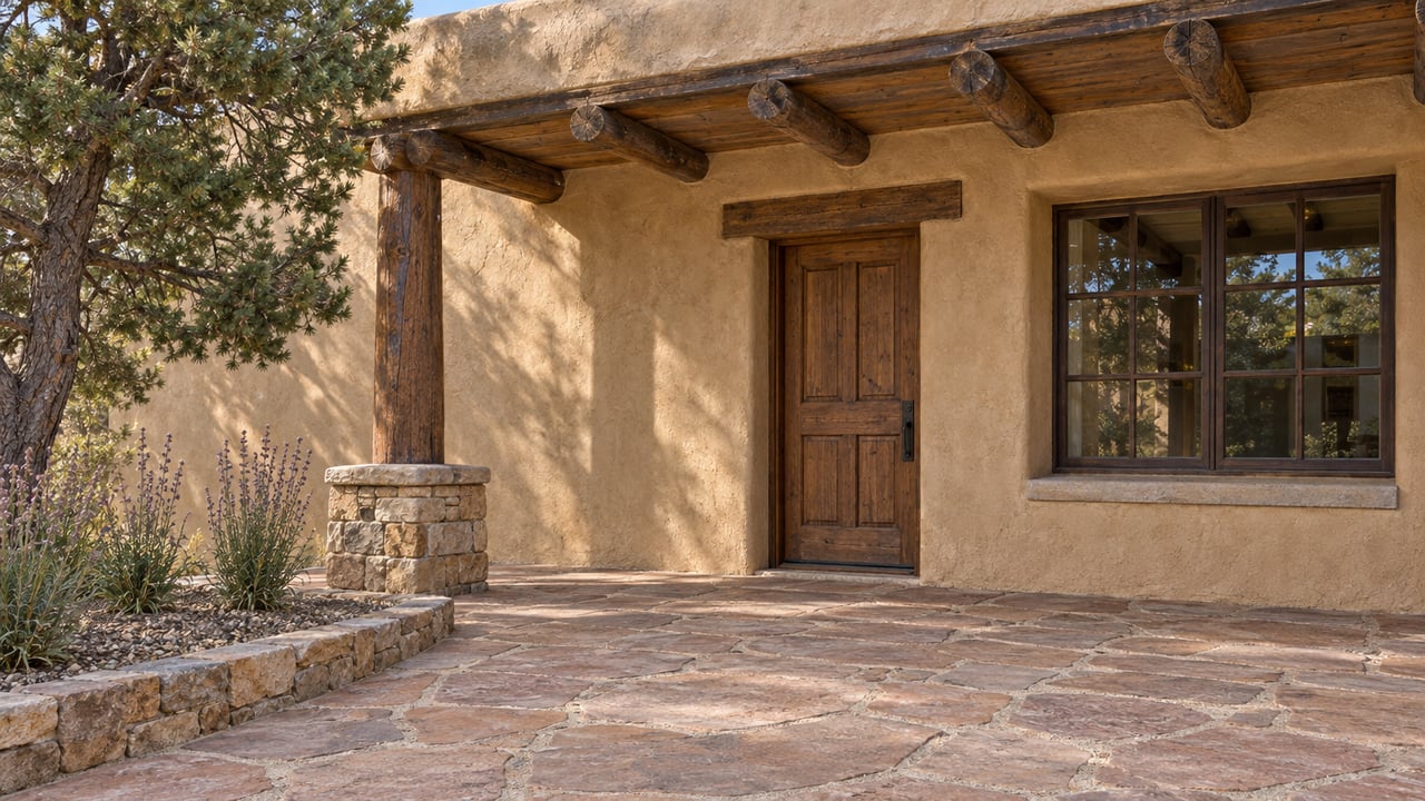 Sunlit ocher plaster home with a timber-covered portal, pine entrance door, rose-colored flagstone and a mature pinyon pine.