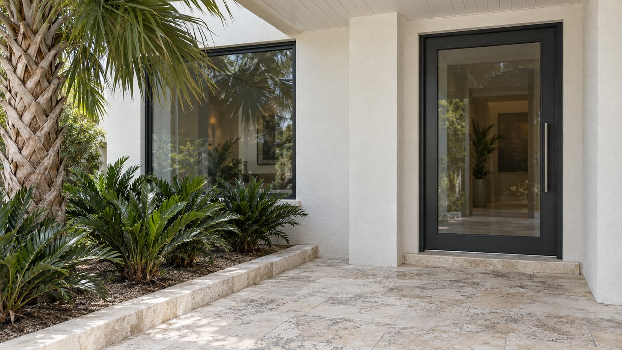 Covered entry of a light stucco home with dark-framed glazing, weathered limestone paving and a palm beside a raised planting bed.