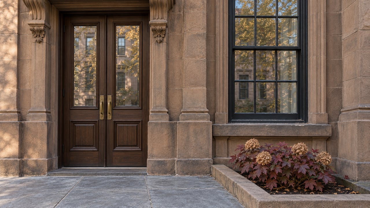 Weathered sandstone townhouse entrance with paired walnut doors, a tall divided-pane window and an oakleaf hydrangea beside a bluestone landing.