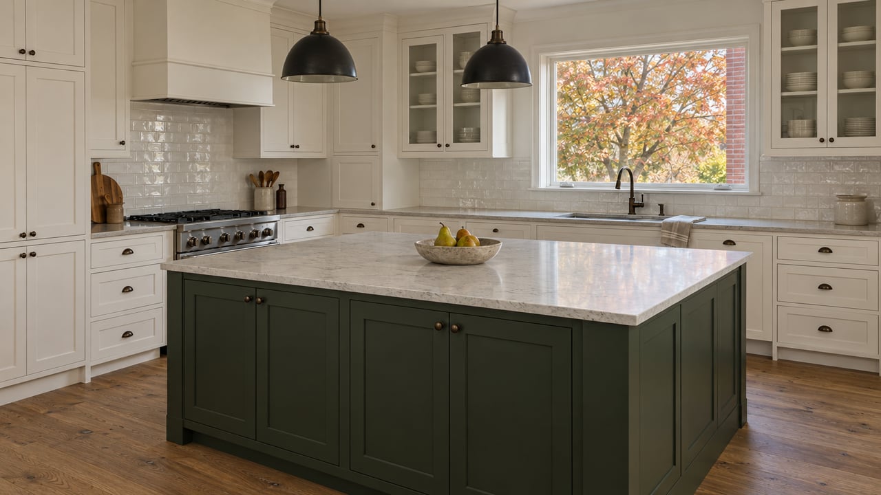 Renovated kitchen with white shaker cabinetry, evergreen island, pale quartz counters and warm oak floors, lit by a window overlooking russet maple leaves.