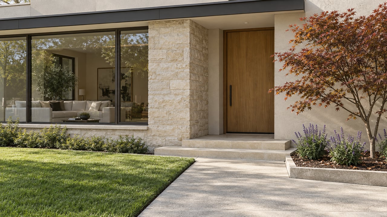 Contemporary home entry with pale stucco, limestone, an oak door and a Japanese maple beside a concrete garden approach.