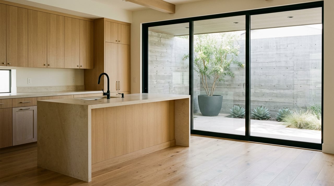 White oak kitchen island with a limestone countertop faces a glass patio door and concrete wall.