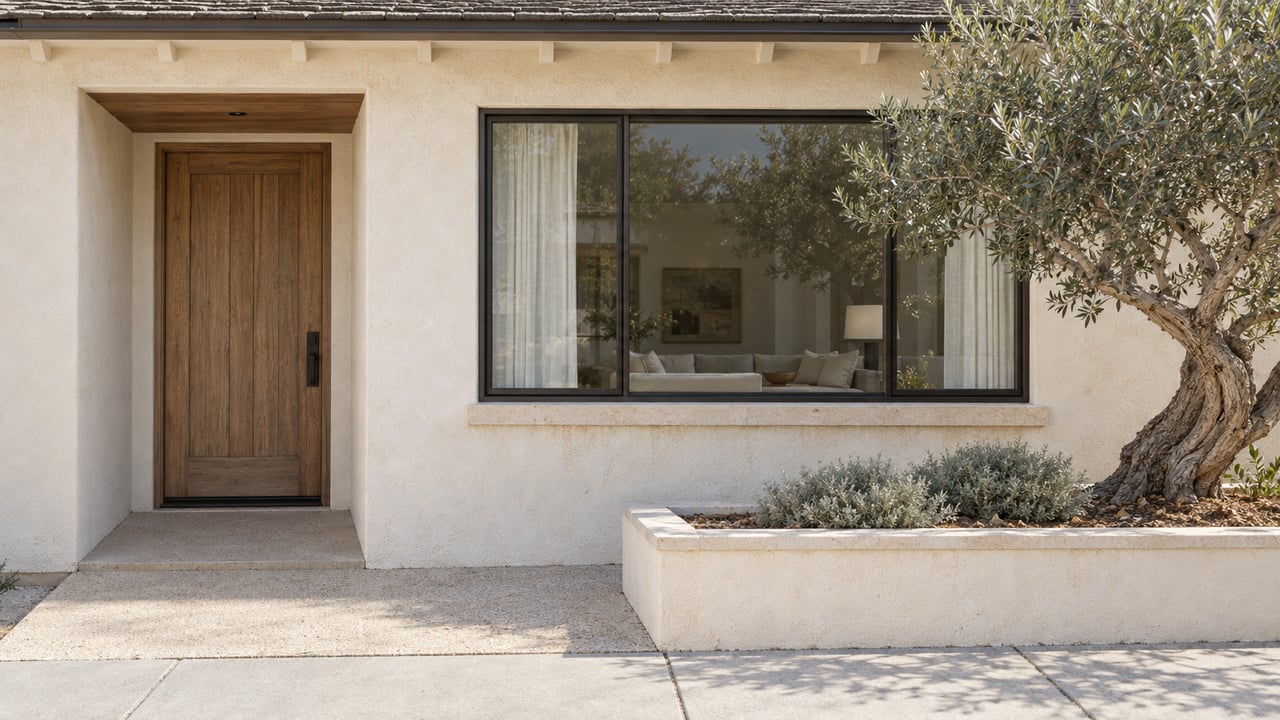 Single-story stucco cottage with a recessed oak door, broad window, and olive tree in a raised planter.