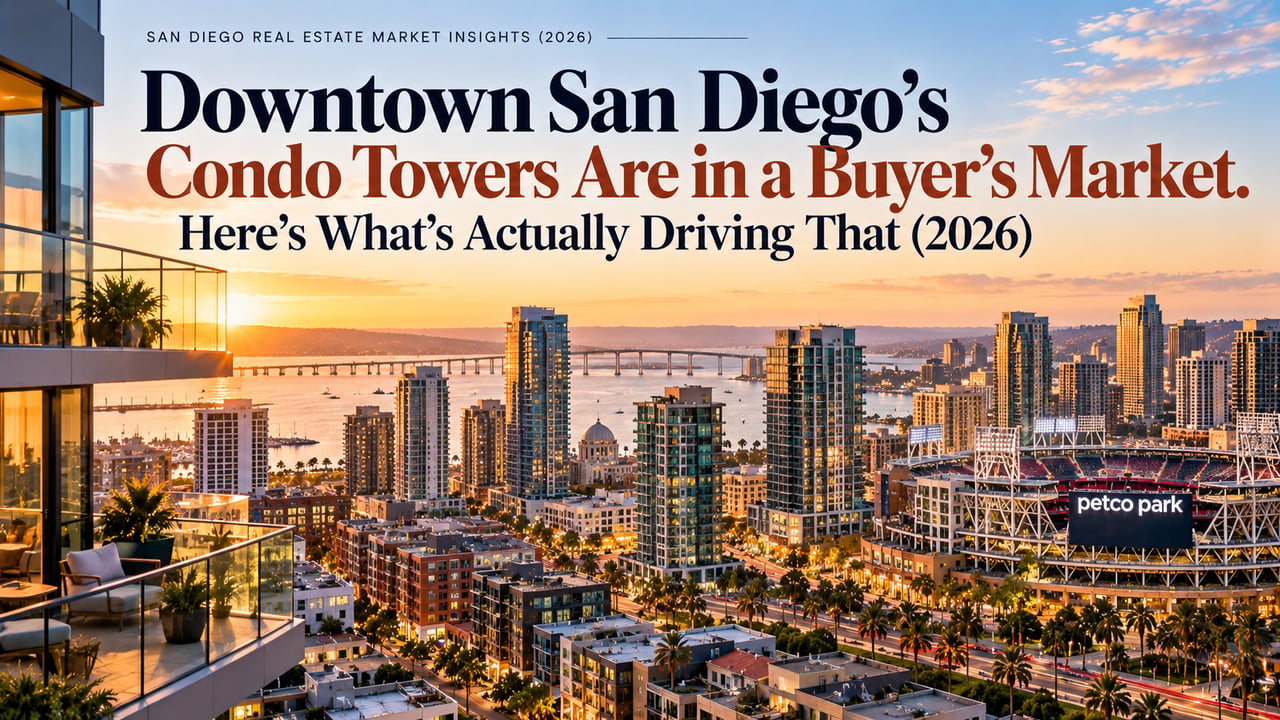 Downtown San Diego condo buyer’s market blog cover over a sunset skyline and waterfront view.