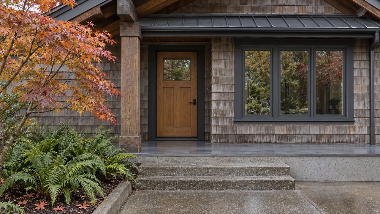 Weathered cedar-shingle home with a timber porch, charcoal trim, damp concrete steps, a vine maple and sword ferns.