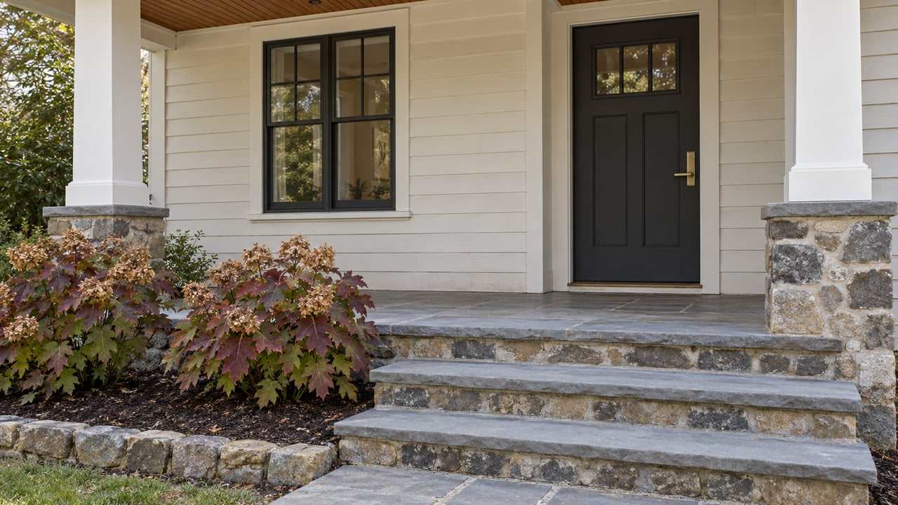 A pale clapboard home's covered entry with dark door and window sashes, cedar soffit, bluestone steps, and autumn oakleaf hydrangeas.