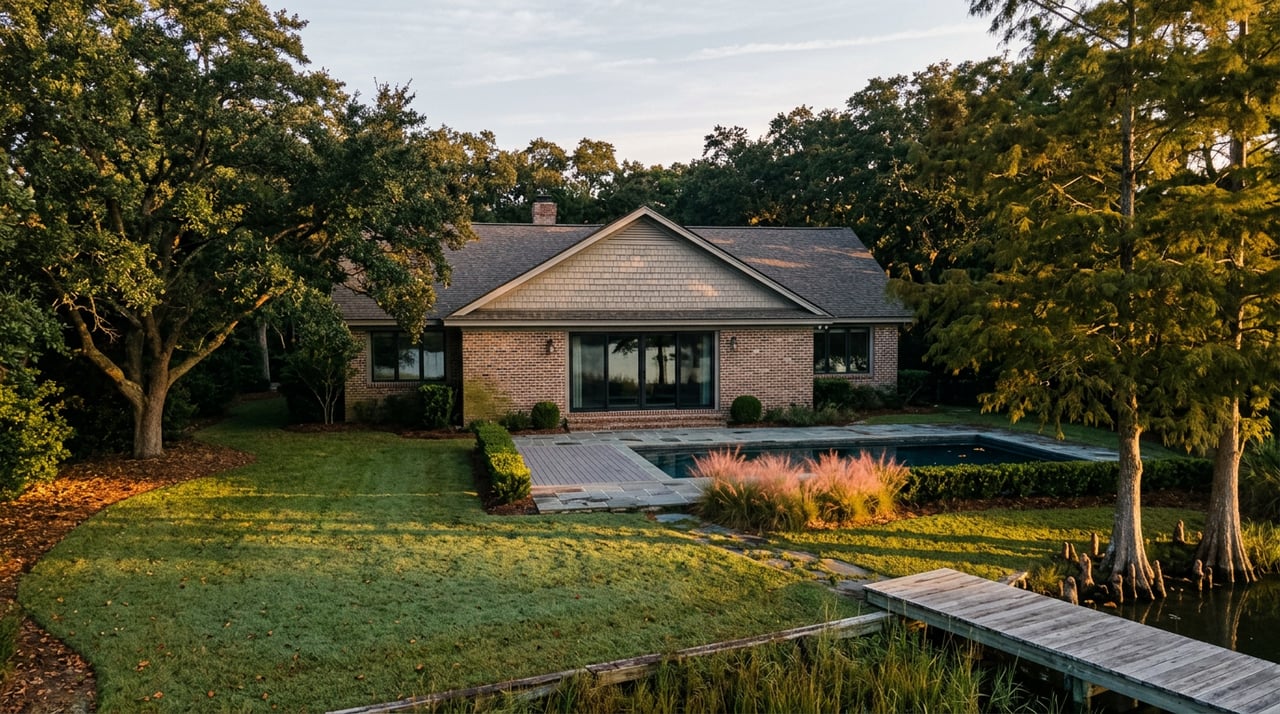 Coastal home with brick and cedar-shake exterior, broad lawn, bluestone patio, and dock beside still water.