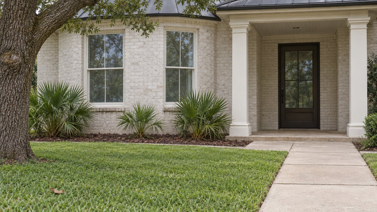 Pale painted-brick home with tall windows, a recessed covered entry, and a lawn bordered by dwarf palmettos beneath a mature live oak.