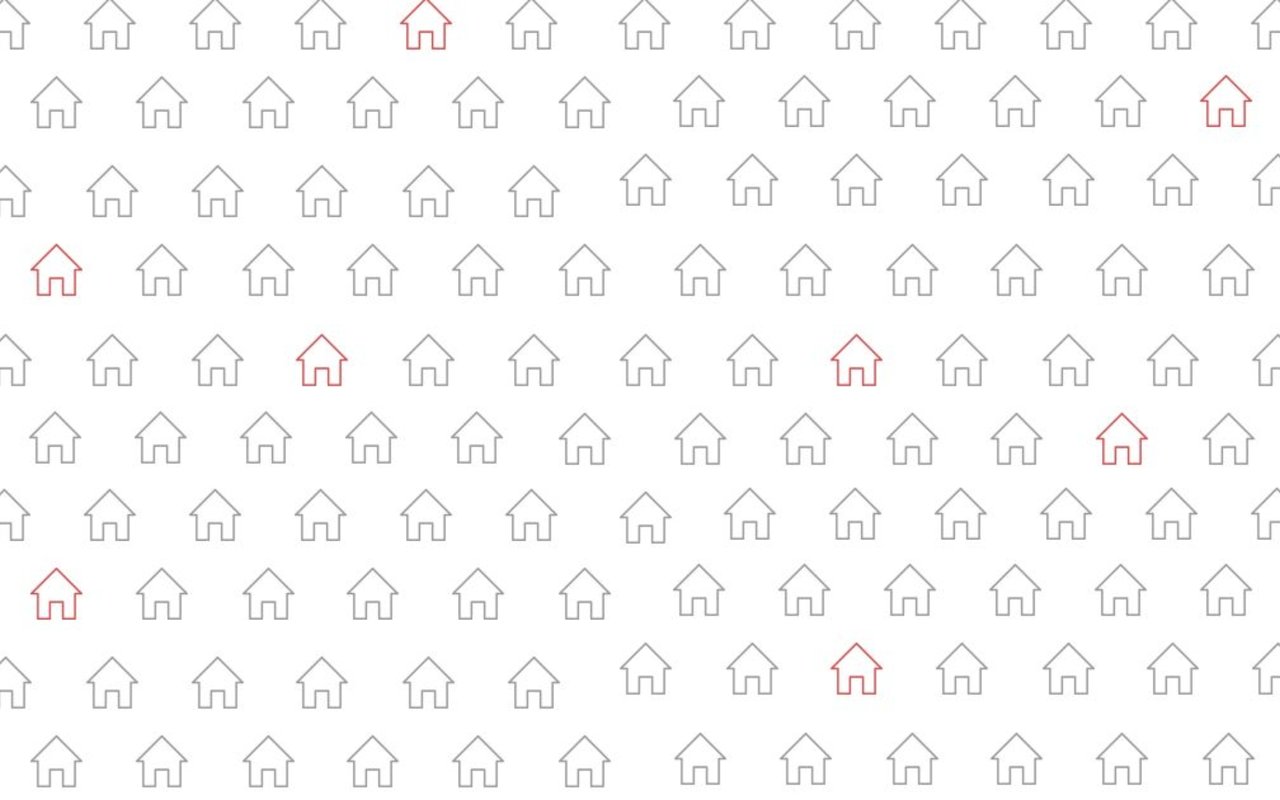 Rows of house outlines, with a few homes highlighted in red, illustrate housing inventory.