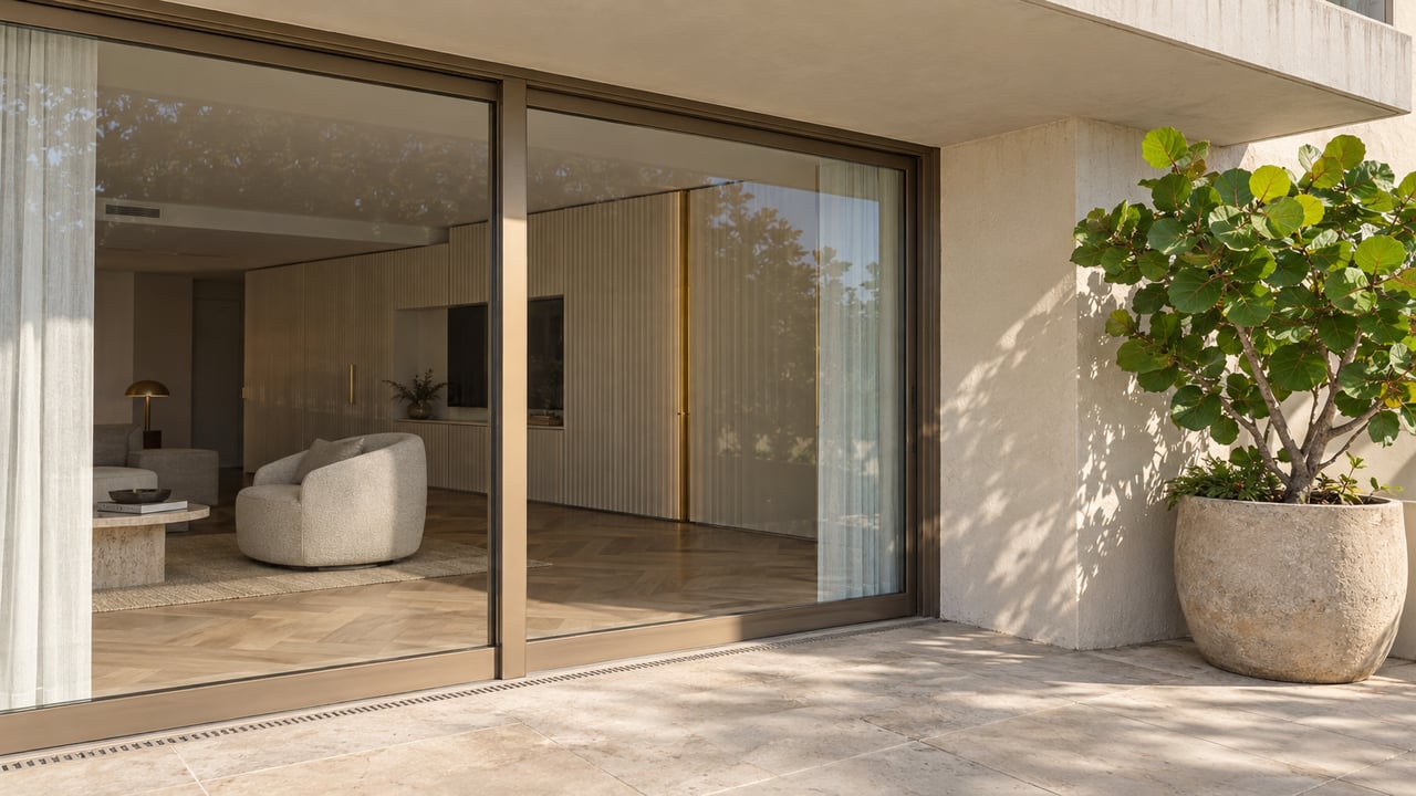 Sunlit condominium terrace with limestone paving, bronze-framed closed glass doors, and one sculptural sea grape in a ceramic planter.