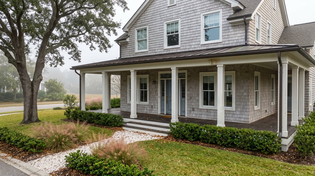 Two-story cedar-shingle home with a wraparound porch, blue-grey door, and live oak beside a shell path.
