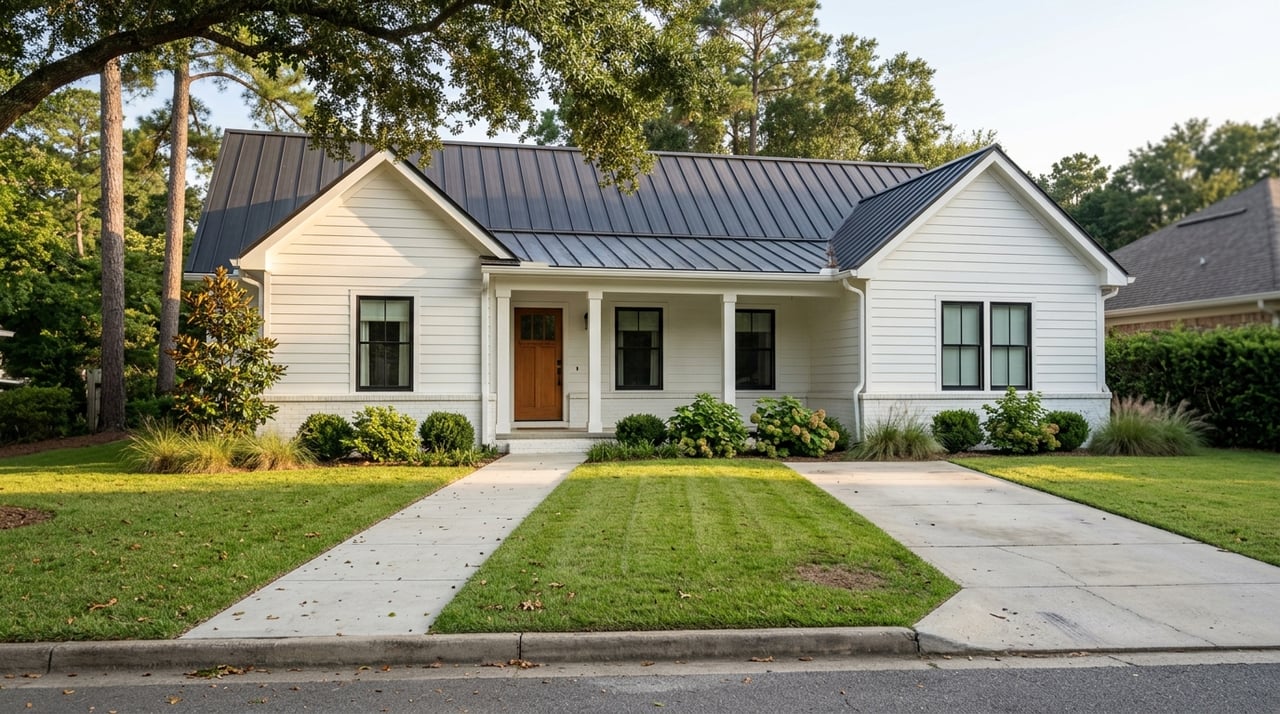 White single-story house with a dark metal roof, front lawn, and two concrete driveways.