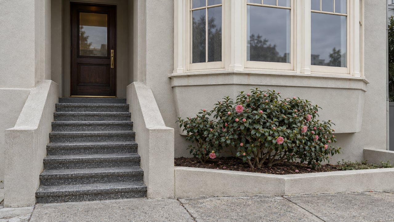 Raised entrance of a pale stucco home with cream bay windows, charcoal terrazzo steps and a mature camellia in a masonry-edged planter.