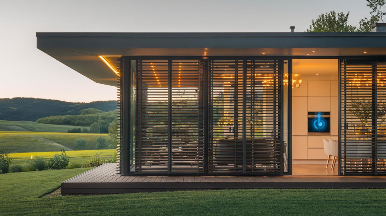 Modern glass house with dark horizontal slats, glowing interior, and broad green fields beyond.