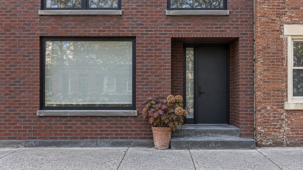 Red brick infill home with black-framed windows, a recessed charcoal entry and worn bluestone steps beside older brickwork.