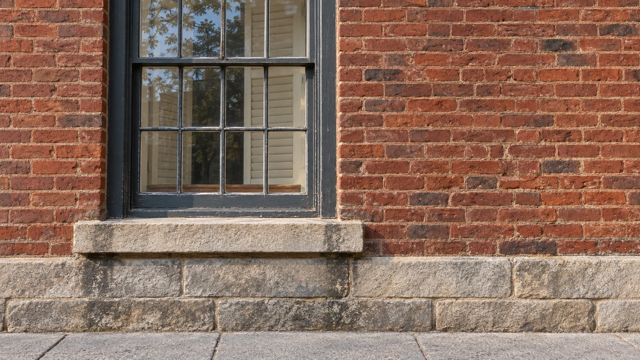 Tall charcoal-painted window with cream interior shutters in weathered red brick above a limestone foundation and granite sidewalk.