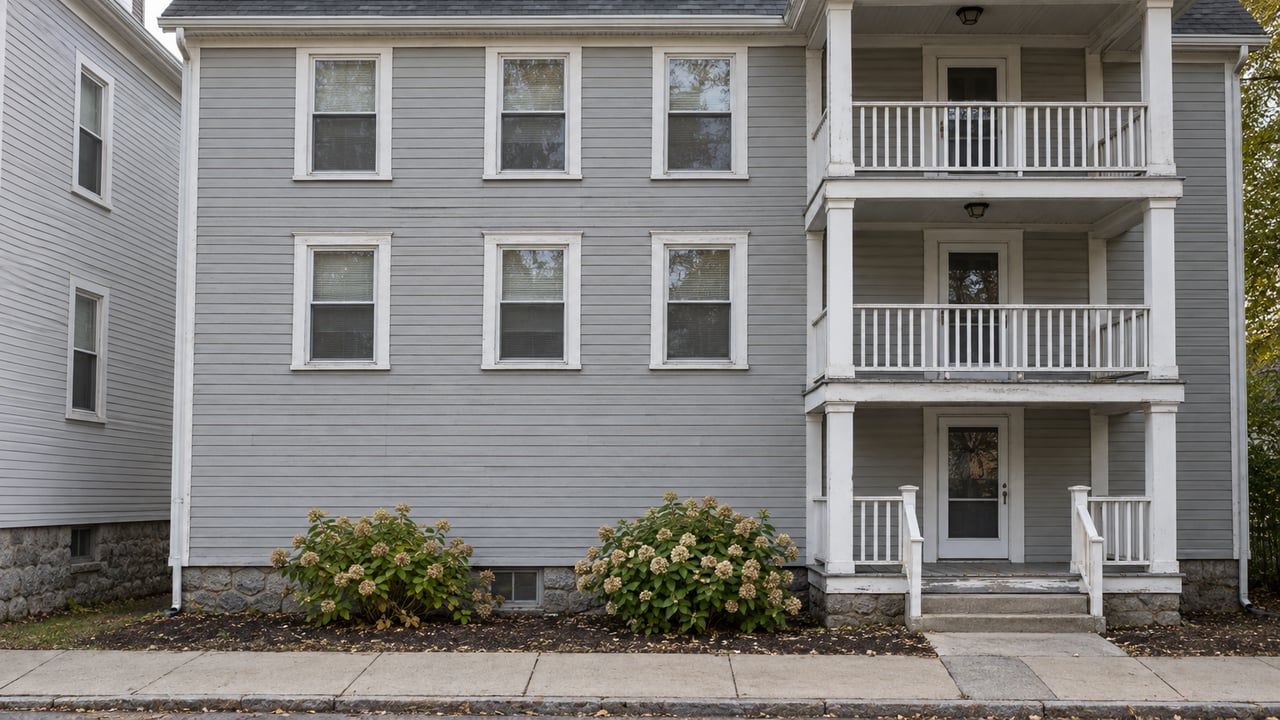 Three-story gray clapboard house with stacked porches, granite foundation, and hydrangeas beside the sidewalk.