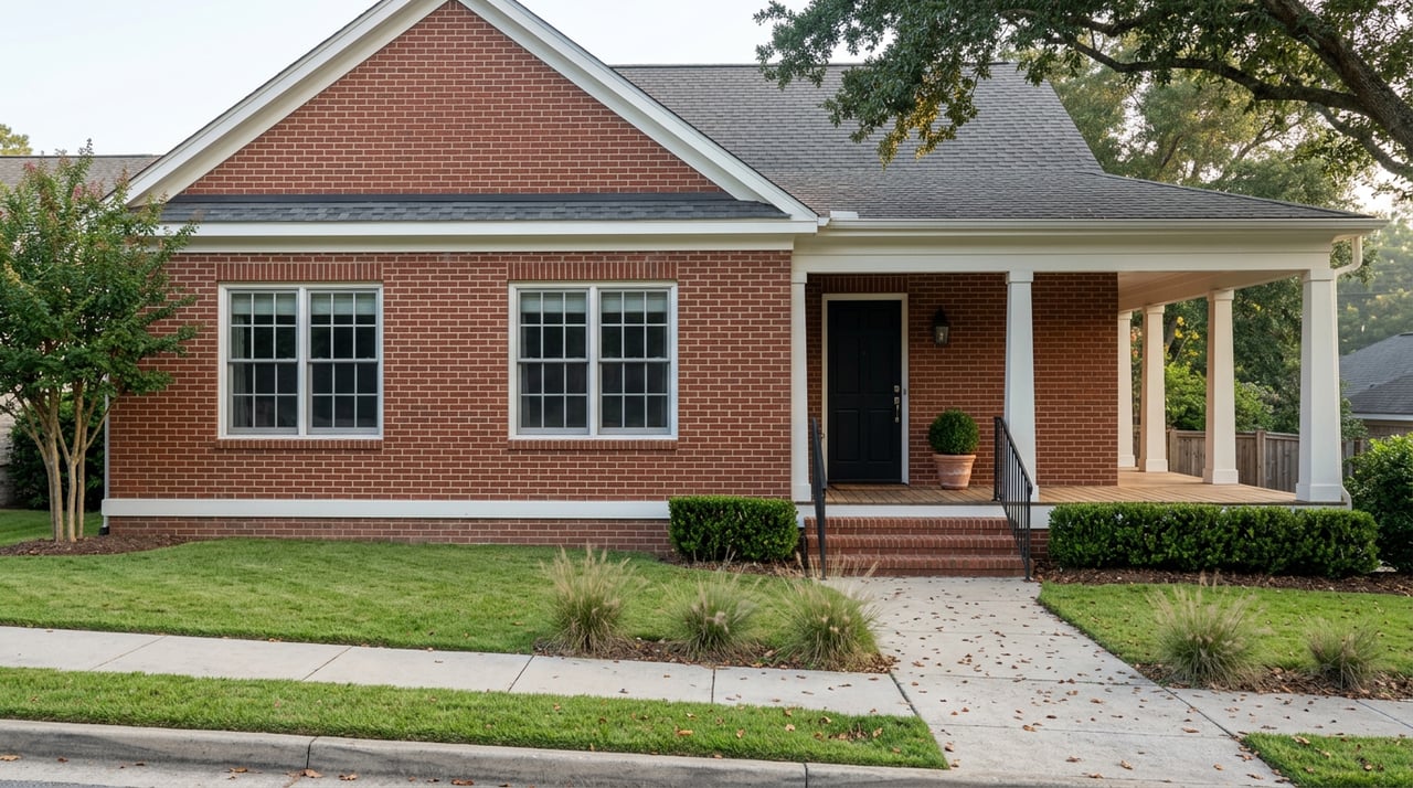 Two-story red-brick house with a covered white-columned porch, diagonal walk, clipped hedges, and mature oak canopy.