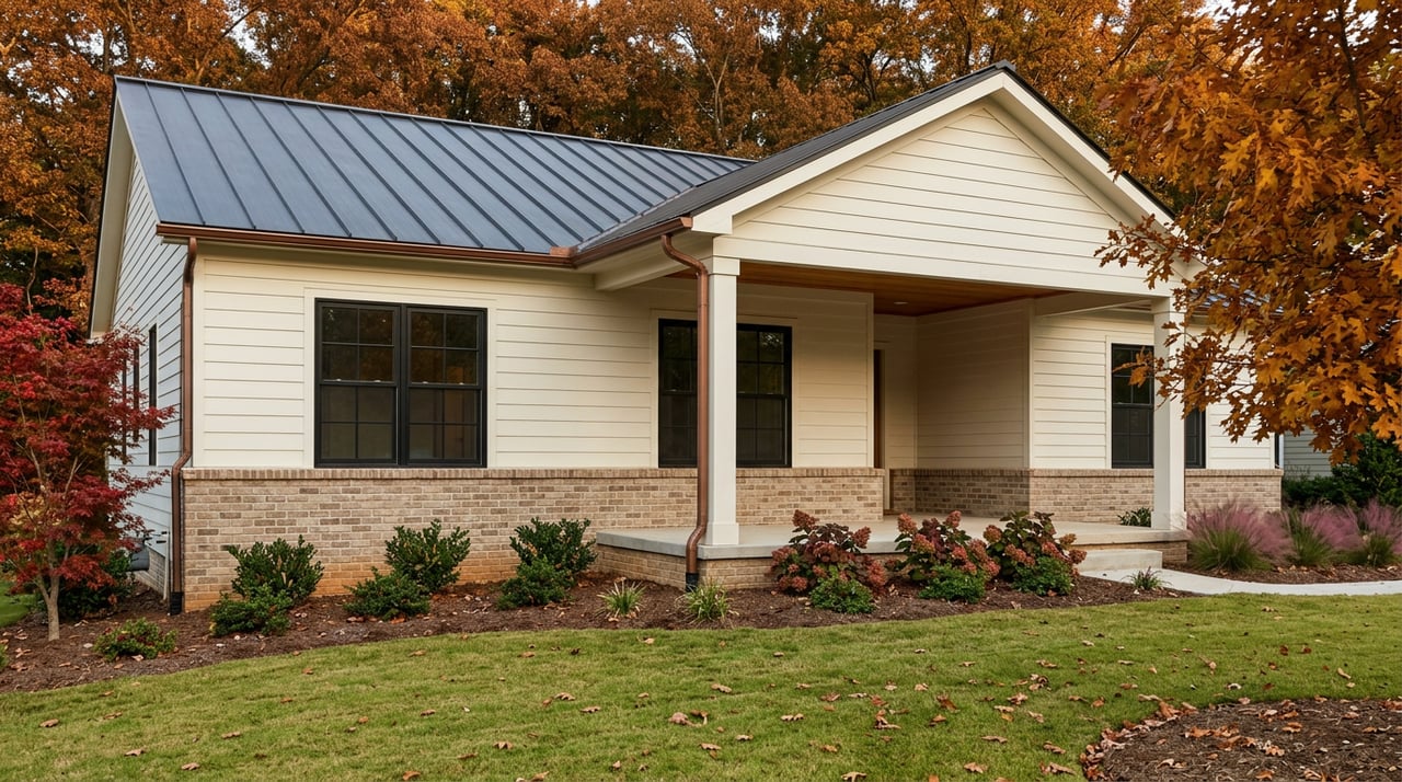 Suburban home with an off-white porch, brick base, and autumn trees arching over the roof.