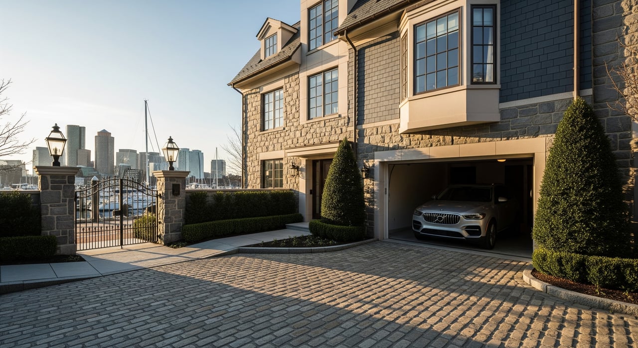 Stone-and-shingle home with an open garage, parked car, gated cobblestone drive, and distant city skyline.