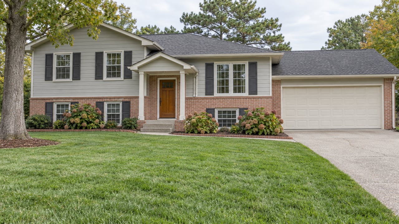 Split-level home with salmon brick, pale gray siding, a deep green lawn and a concrete front approach under soft daylight.