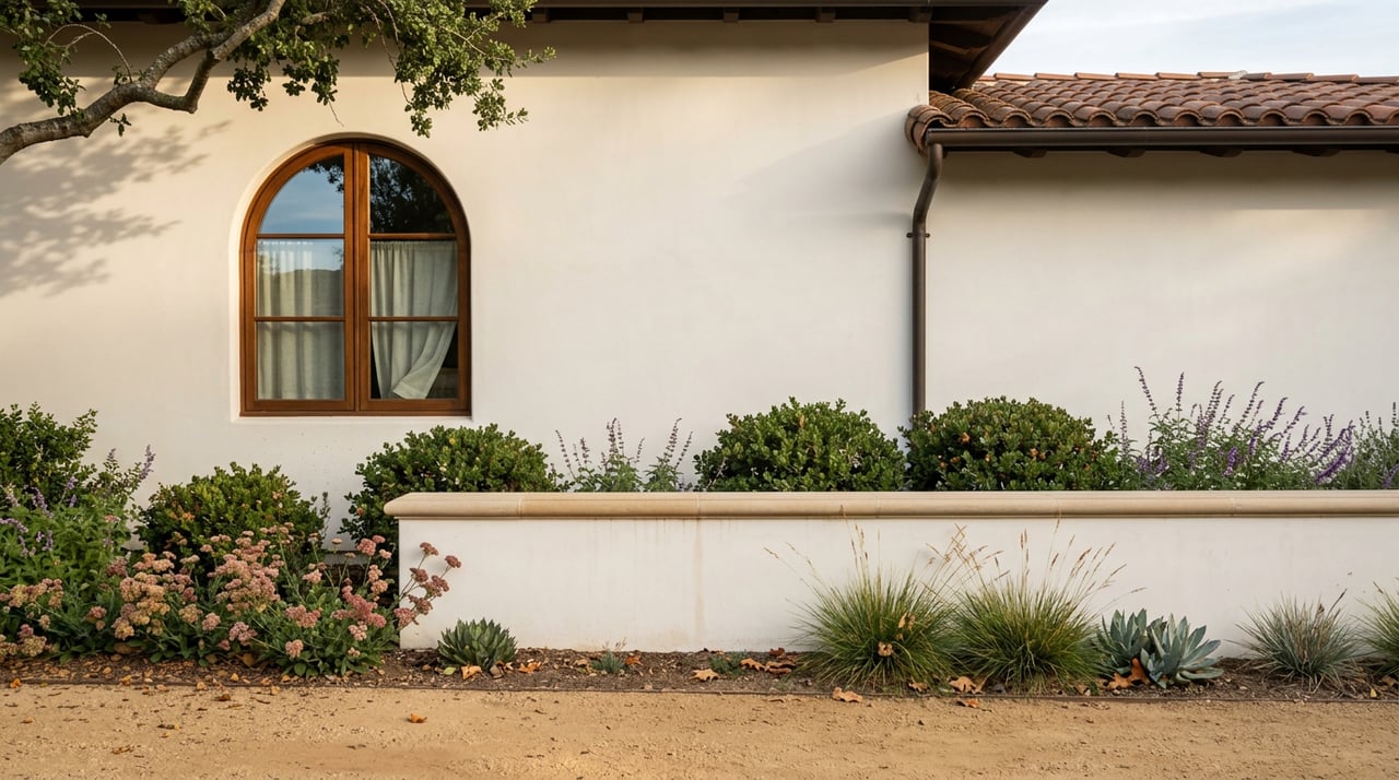 Low stucco garden wall with limestone cap, layered planting, and a stucco home with an arched wood-framed window.