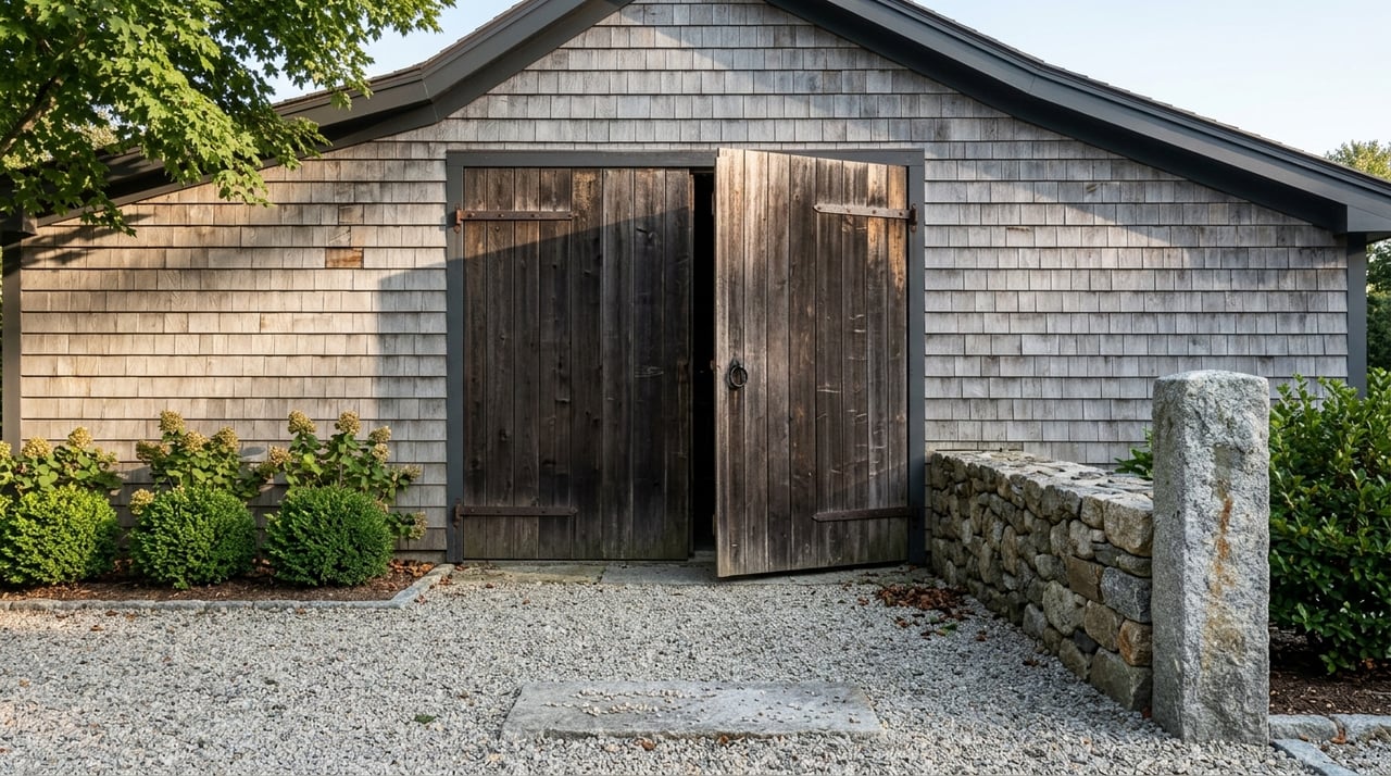 Historic barn stone detail beside a gravel apron and green planting.