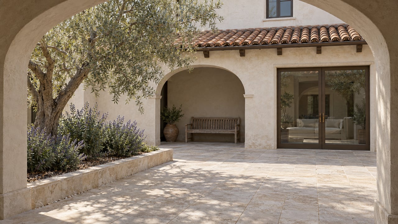 Cream stucco courtyard seen through a shaded arch, with terracotta roof tiles, limestone paving, an olive tree and bronze-framed glass doors.