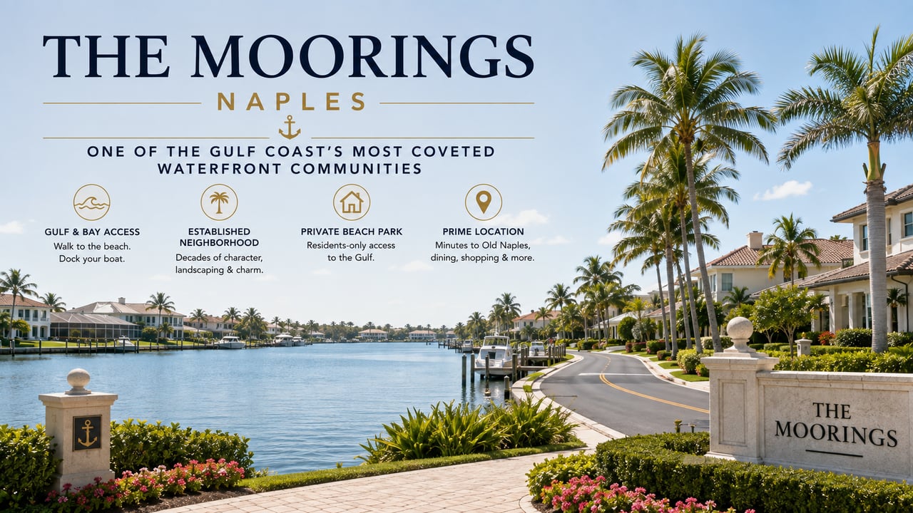 The Moorings waterfront community in Naples, Florida, featuring luxury homes, palm-lined streets, private docks, and scenic bay access.