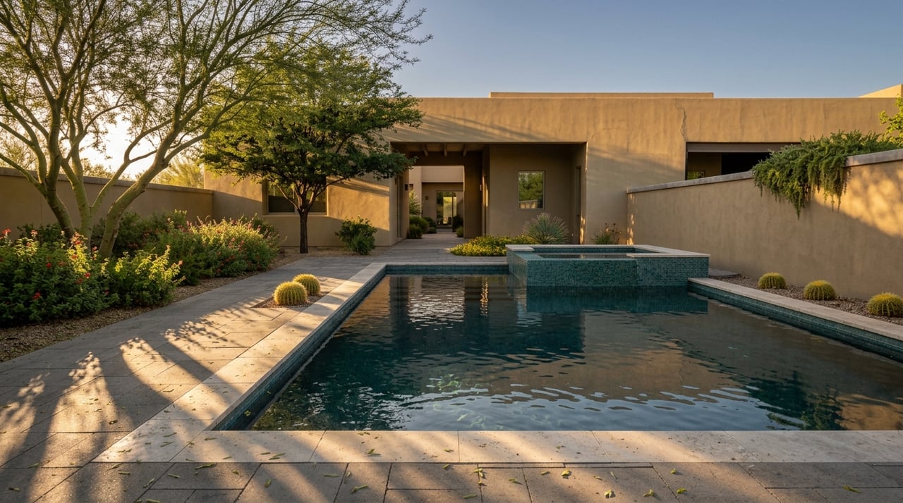 Rectangular pool and teal-mosaic spa beside a low stucco residence, framed by desert plants and stone terrace paving.